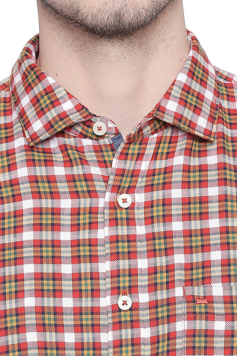 BASICS SLIM FIT RED CLAY DOBBY CHECKS SHIRT