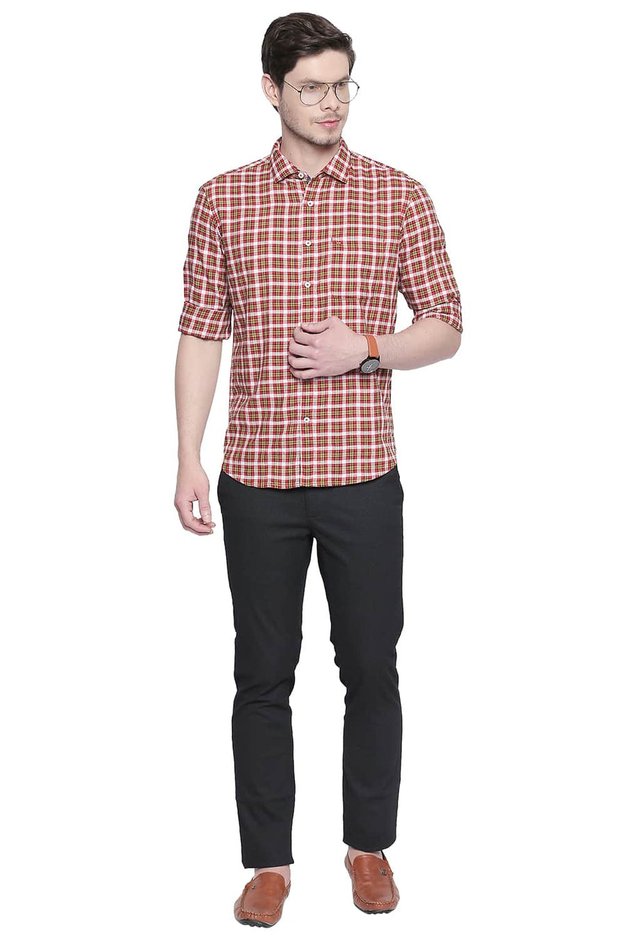 BASICS SLIM FIT RED CLAY DOBBY CHECKS SHIRT