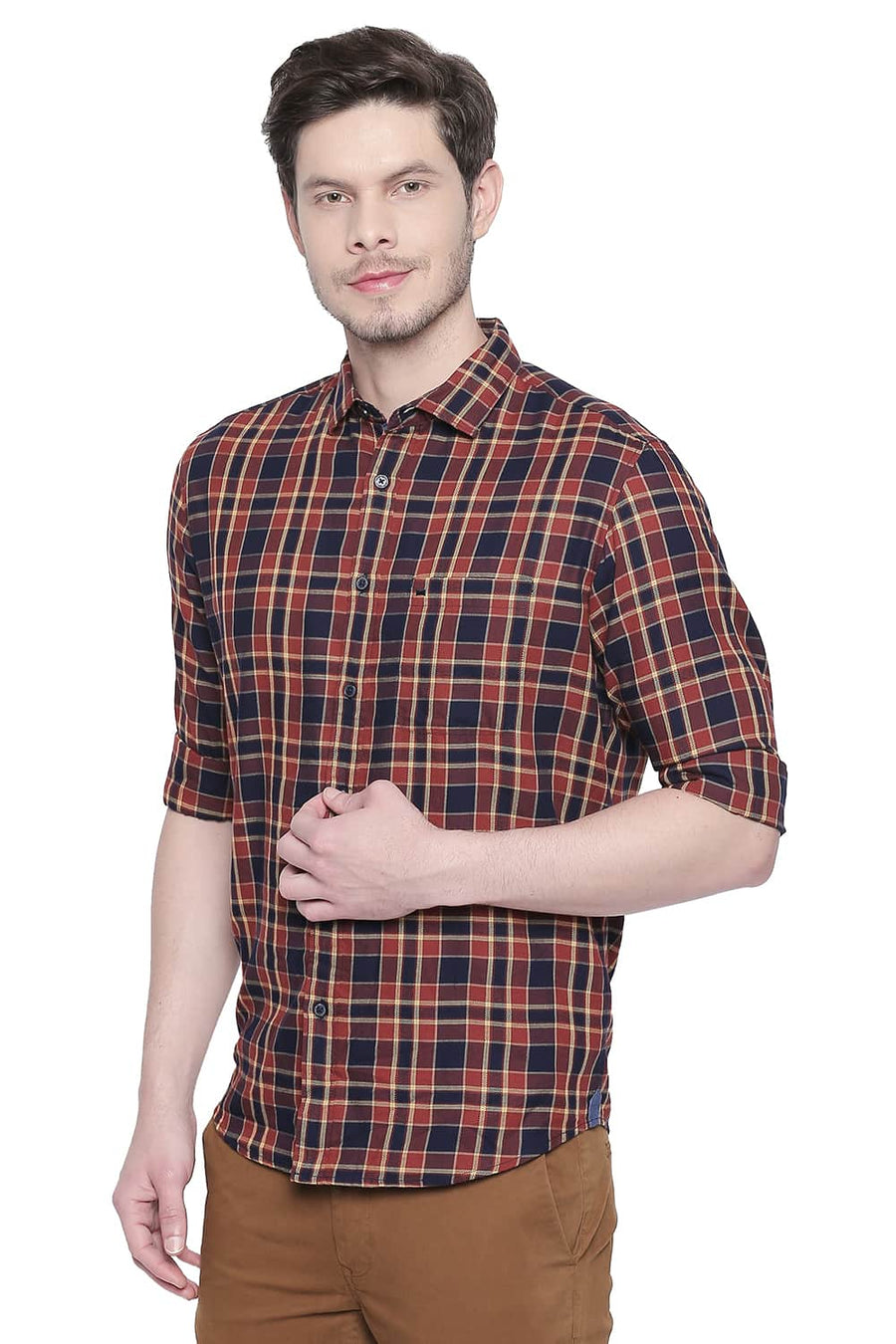 BASICS SLIM FIT BOMBAY BROWN DOBBY CHECKS SHIRT