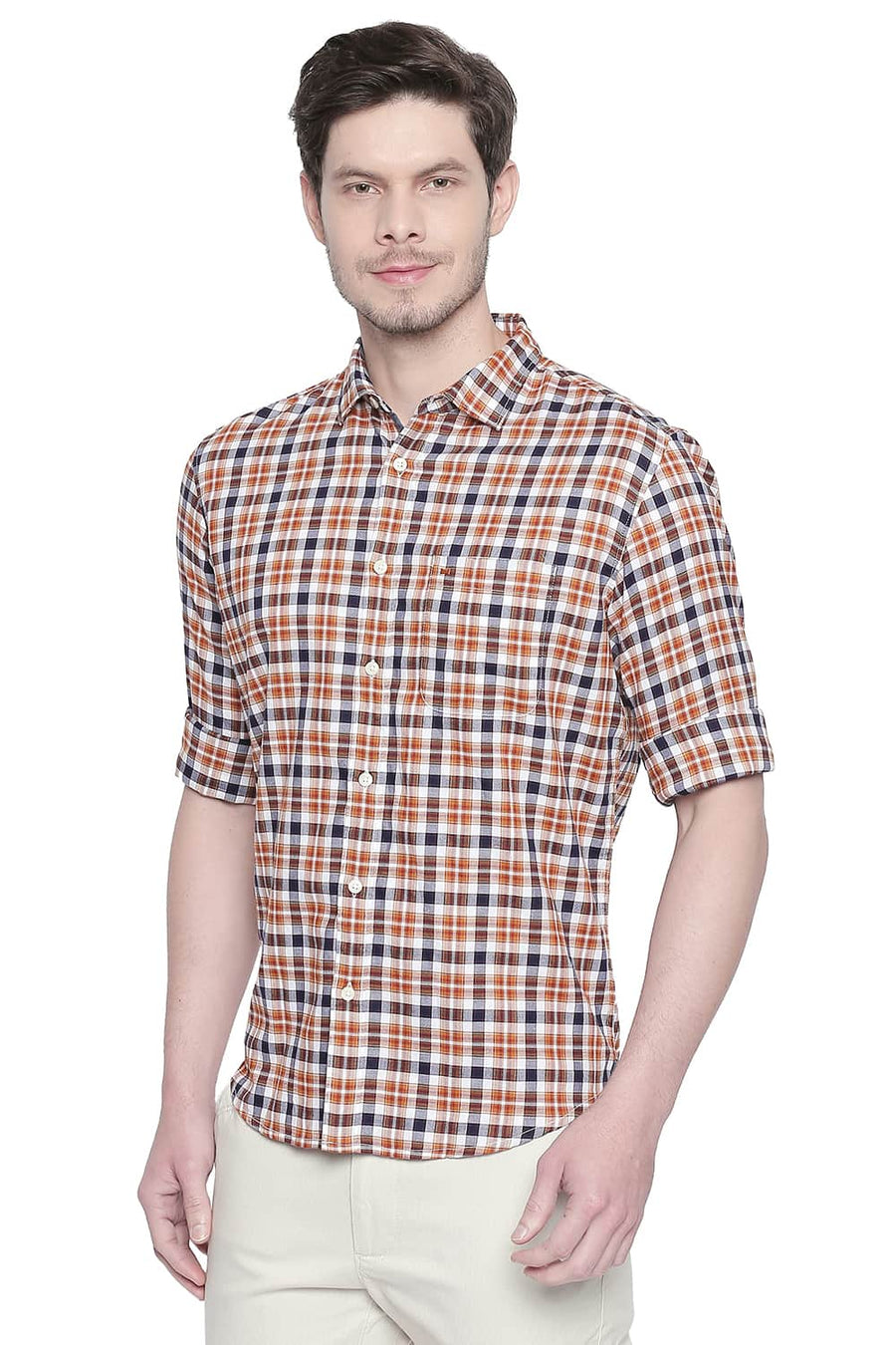 BASICS SLIM FIT SUDAN BROWN DOBBY CHECKS SHIRT