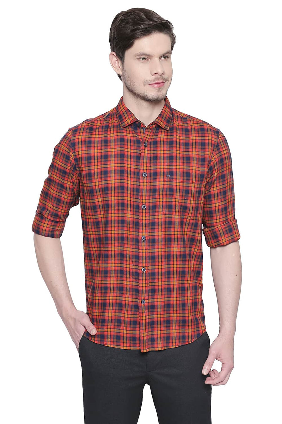 BASICS SLIM FIT ORANGEADE DOBBY CHECKS SHIRT