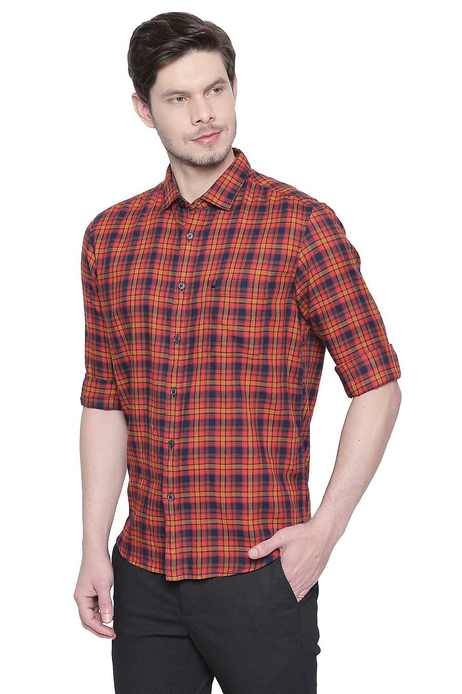 BASICS SLIM FIT ORANGEADE DOBBY CHECKS SHIRT