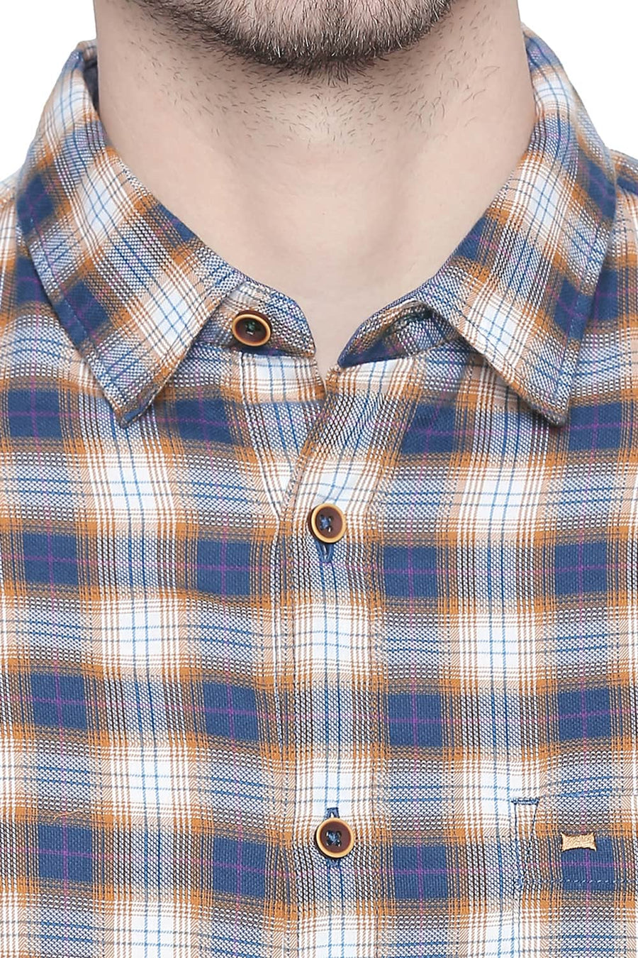 BASICS SLIM FIT WOOD BROWN DOBBY CHECKS SHIRT