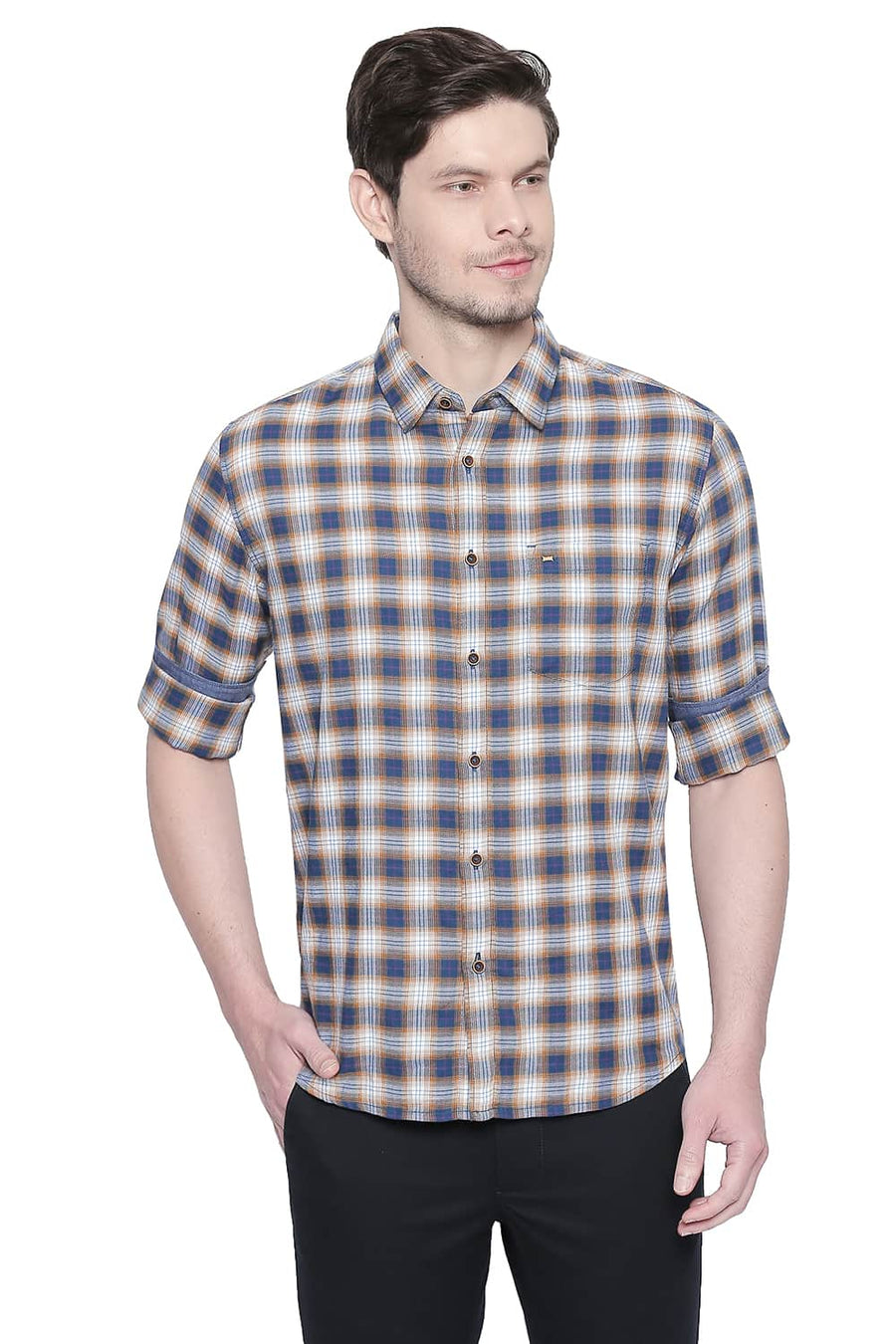 BASICS SLIM FIT WOOD BROWN DOBBY CHECKS SHIRT