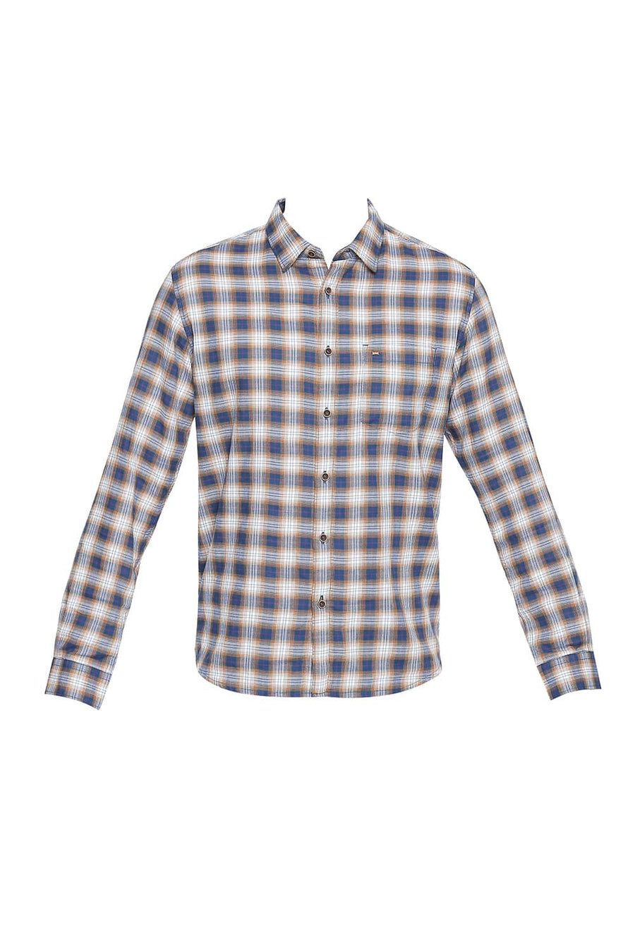 BASICS SLIM FIT WOOD BROWN DOBBY CHECKS SHIRT