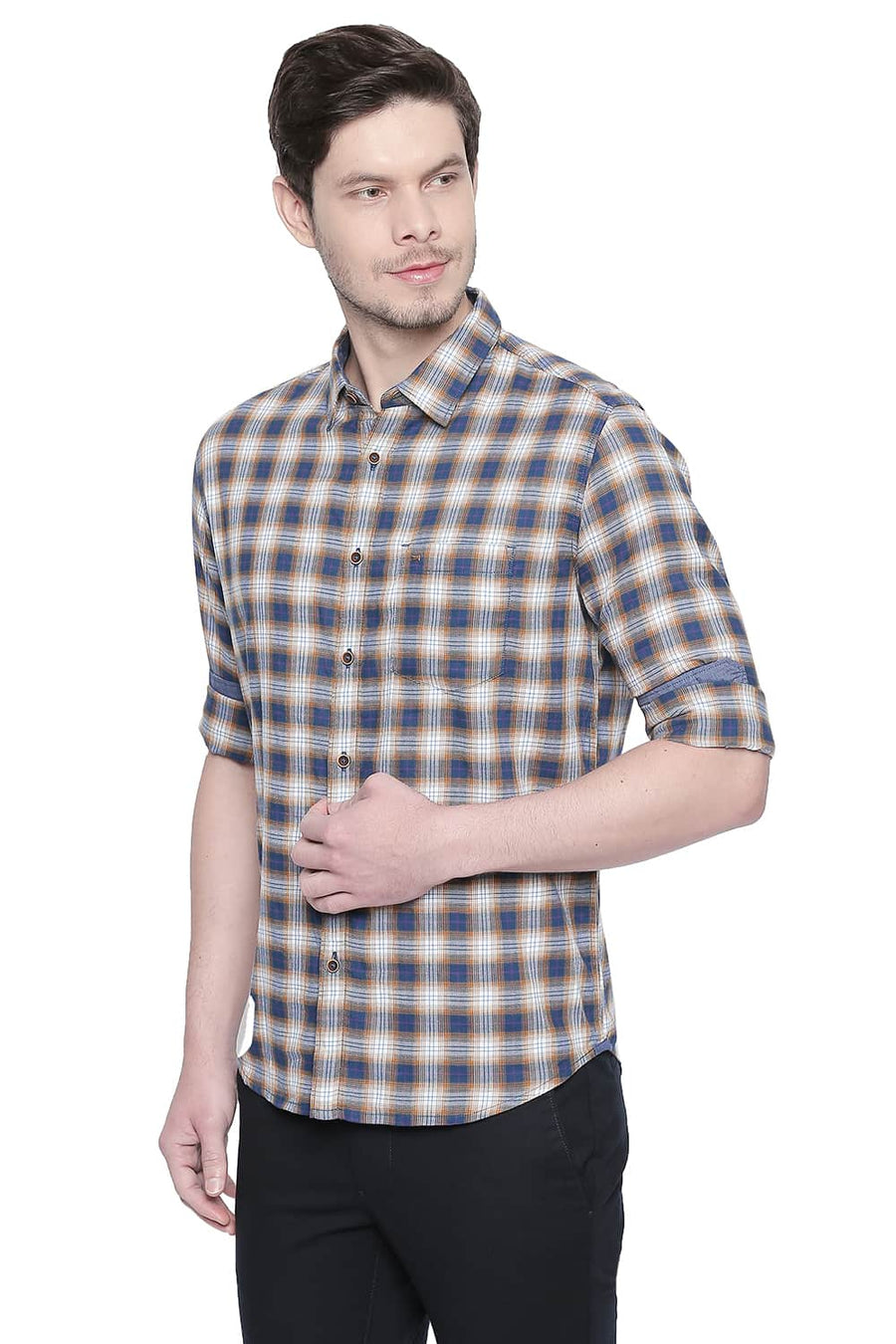 BASICS SLIM FIT WOOD BROWN DOBBY CHECKS SHIRT