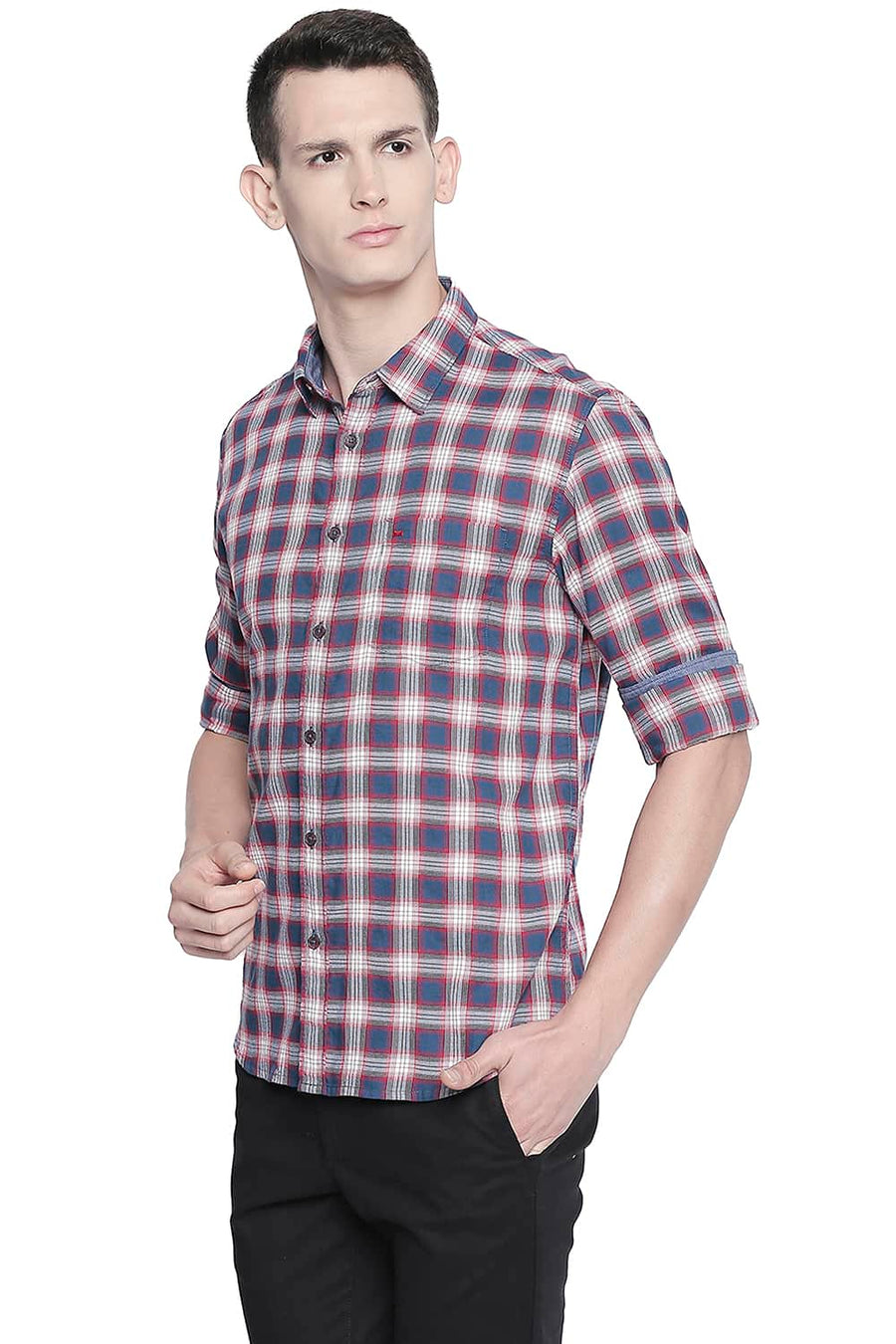 BASICS SLIM FIT RACING RED DOBBY CHECKS SHIRT