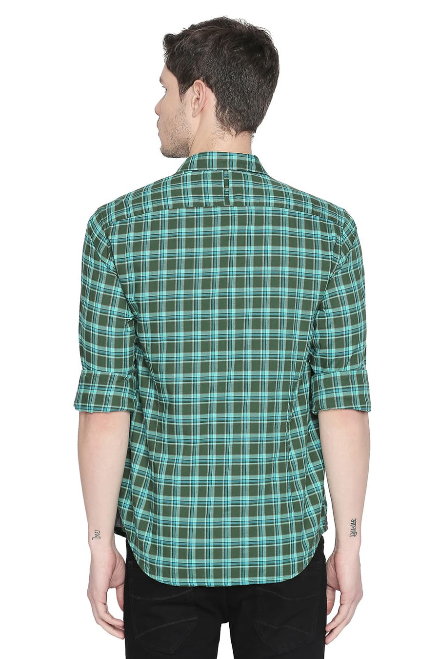 BASICS SLIM FIT DILL GREEN CHECKS SHIRT
