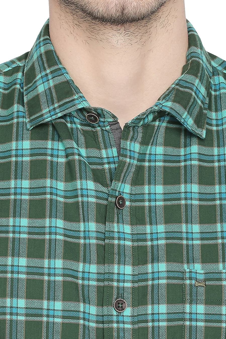BASICS SLIM FIT DILL GREEN CHECKS SHIRT