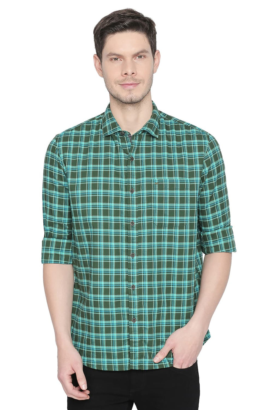 BASICS SLIM FIT DILL GREEN CHECKS SHIRT