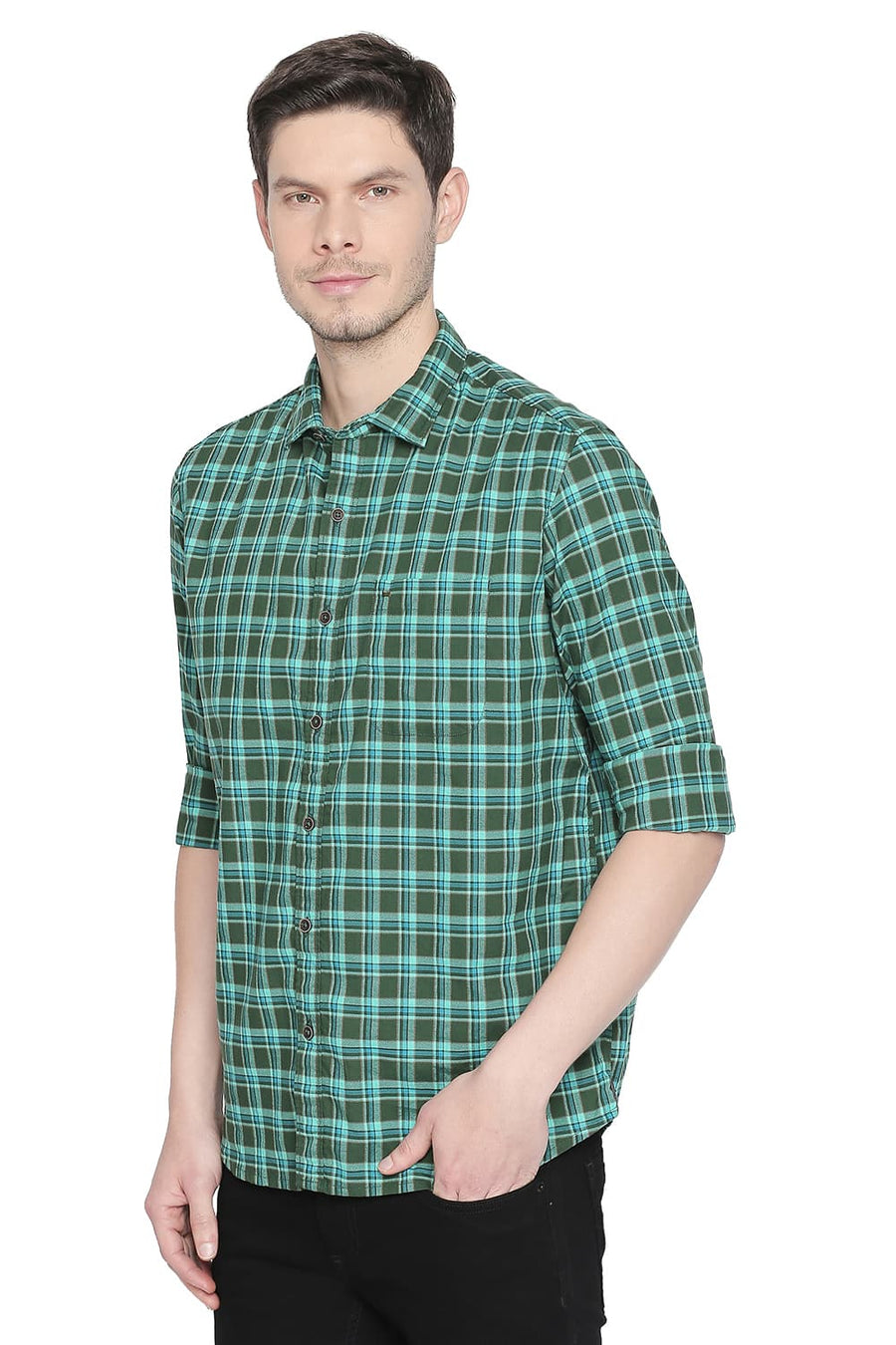 BASICS SLIM FIT DILL GREEN CHECKS SHIRT
