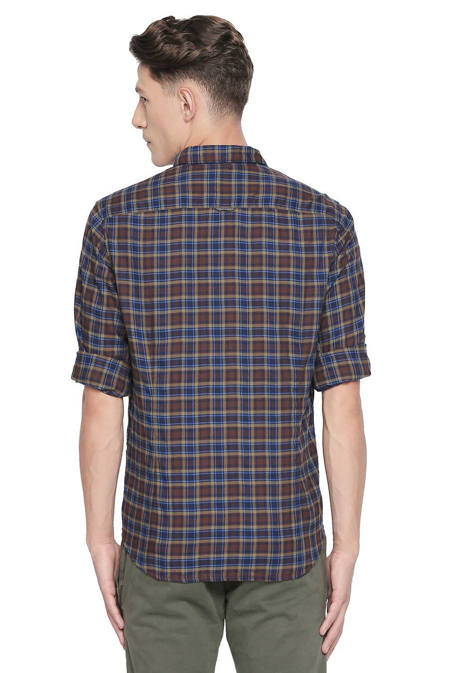 BASICS SLIM FIT ROOT BEER BROWN DOBBY CHECKS SHIRT