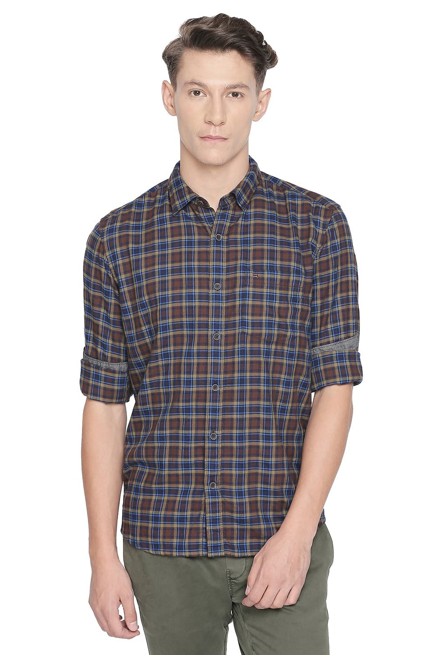 BASICS SLIM FIT ROOT BEER BROWN DOBBY CHECKS SHIRT
