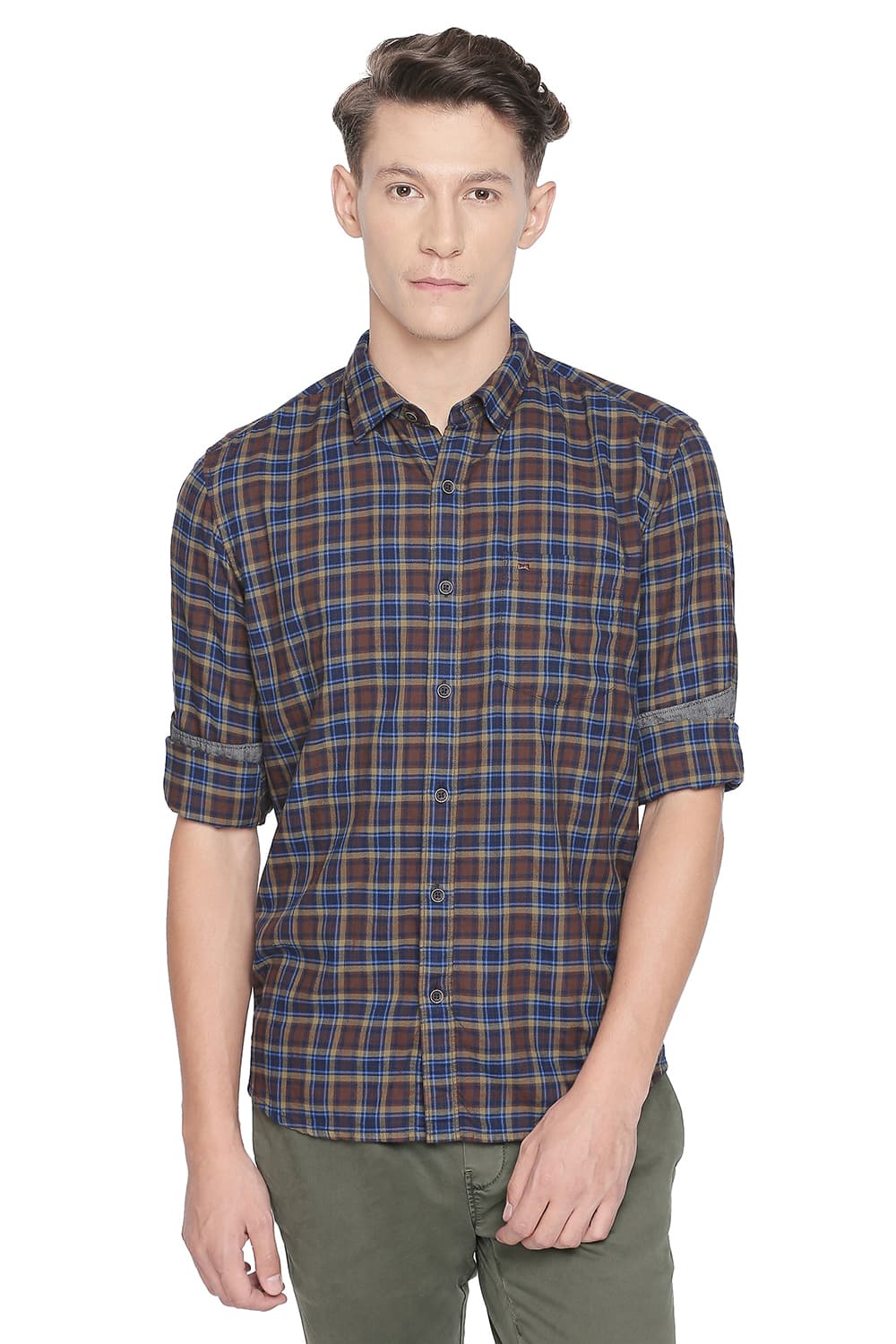 BASICS SLIM FIT DOBBY CHECKS SHIRT