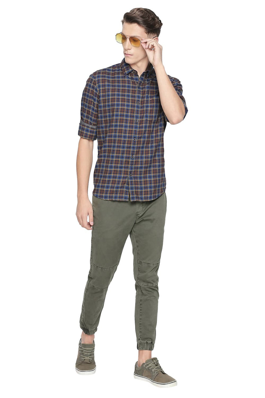 BASICS SLIM FIT ROOT BEER BROWN DOBBY CHECKS SHIRT