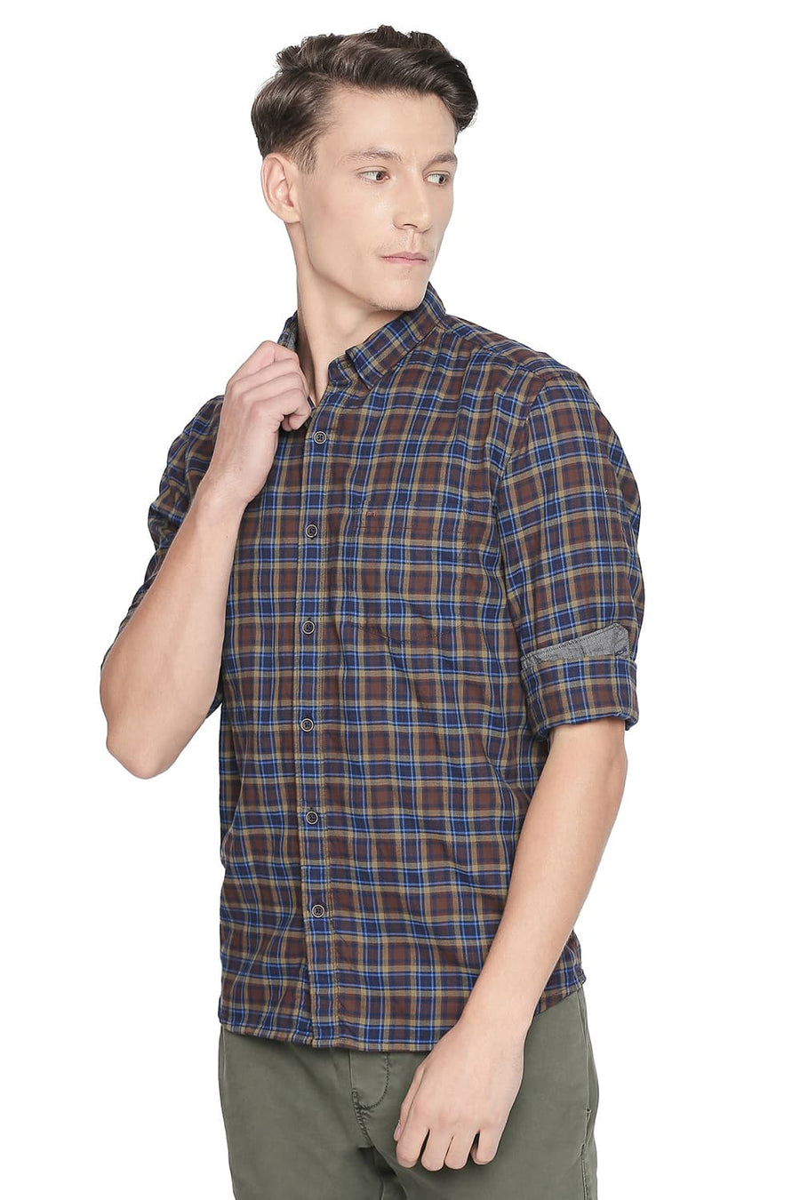 BASICS SLIM FIT ROOT BEER BROWN DOBBY CHECKS SHIRT