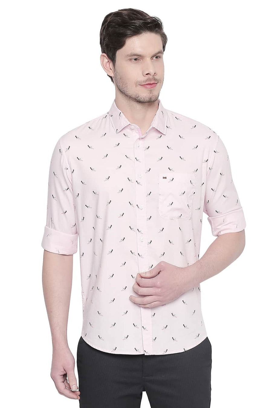 BASICS SLIM FIT CHALK PINK COTTON MODAL PRINTED SHIRT