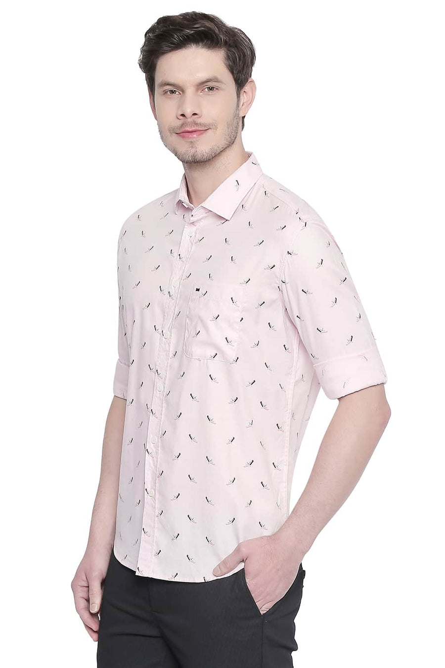 BASICS SLIM FIT CHALK PINK COTTON MODAL PRINTED SHIRT