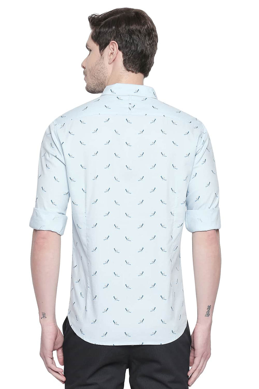BASICS SLIM FIT CORYDALIS BLUE COTTON MODAL PRINTED SHIRT