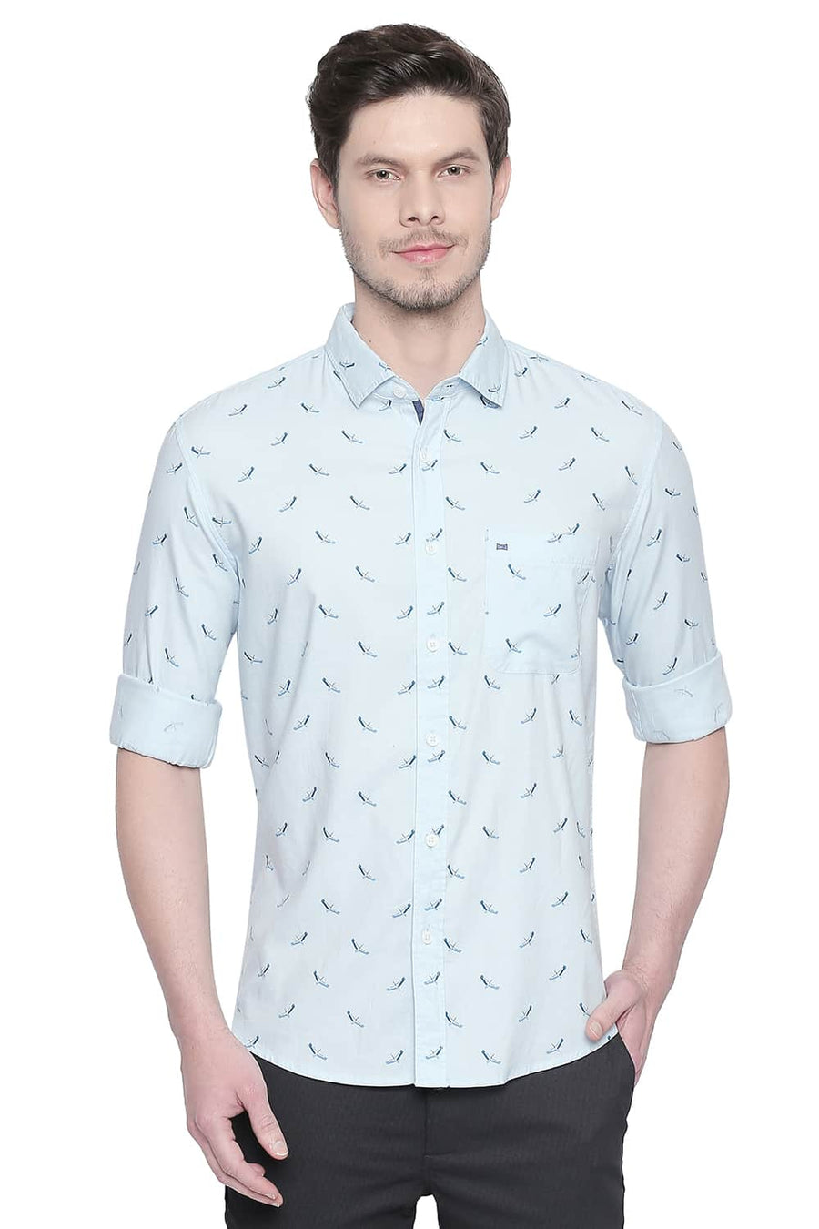 BASICS SLIM FIT CORYDALIS BLUE COTTON MODAL PRINTED SHIRT