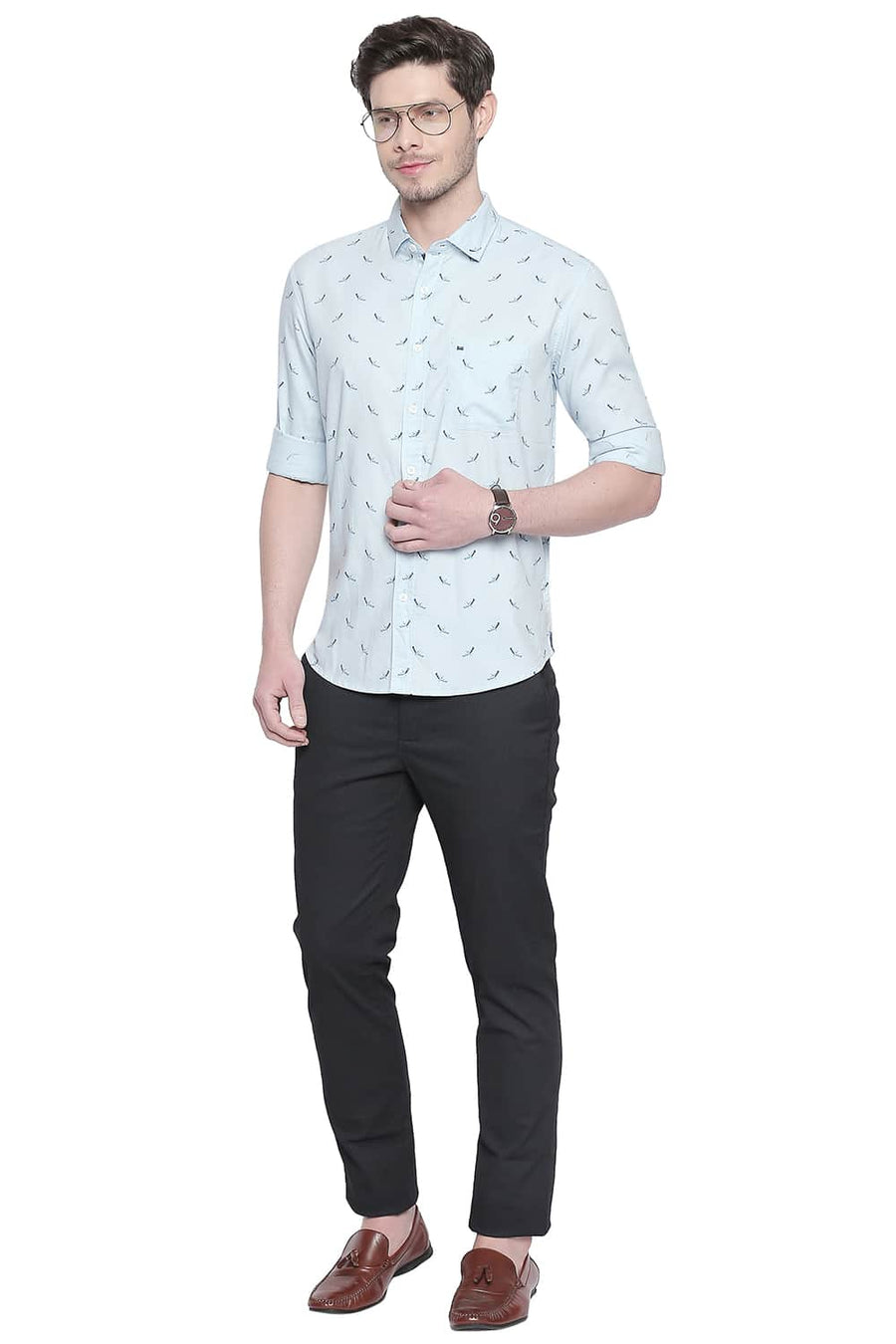 BASICS SLIM FIT CORYDALIS BLUE COTTON MODAL PRINTED SHIRT