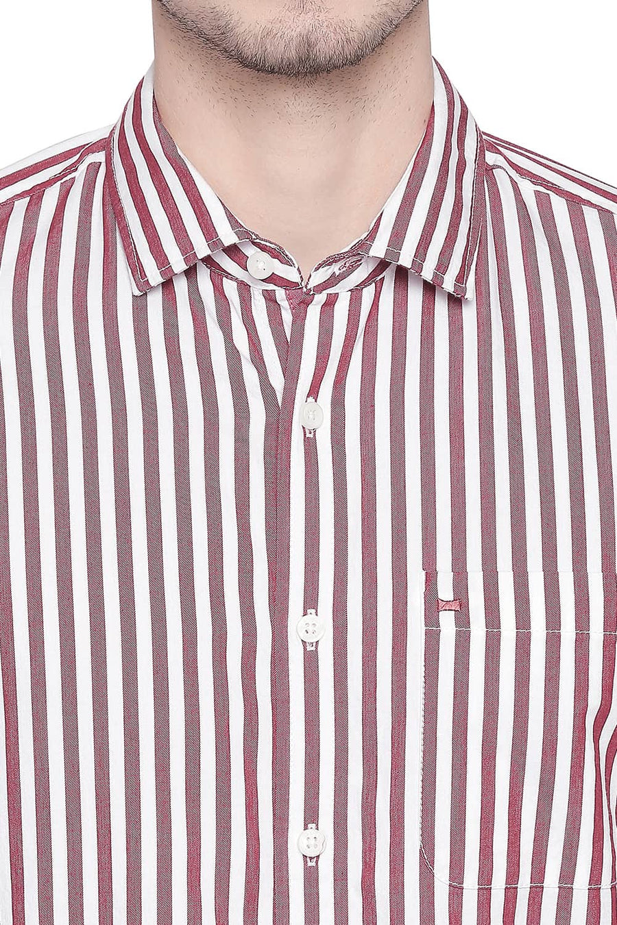BASICS SLIM FIT RED DAHLIA STRIPE TWILL SHIRT