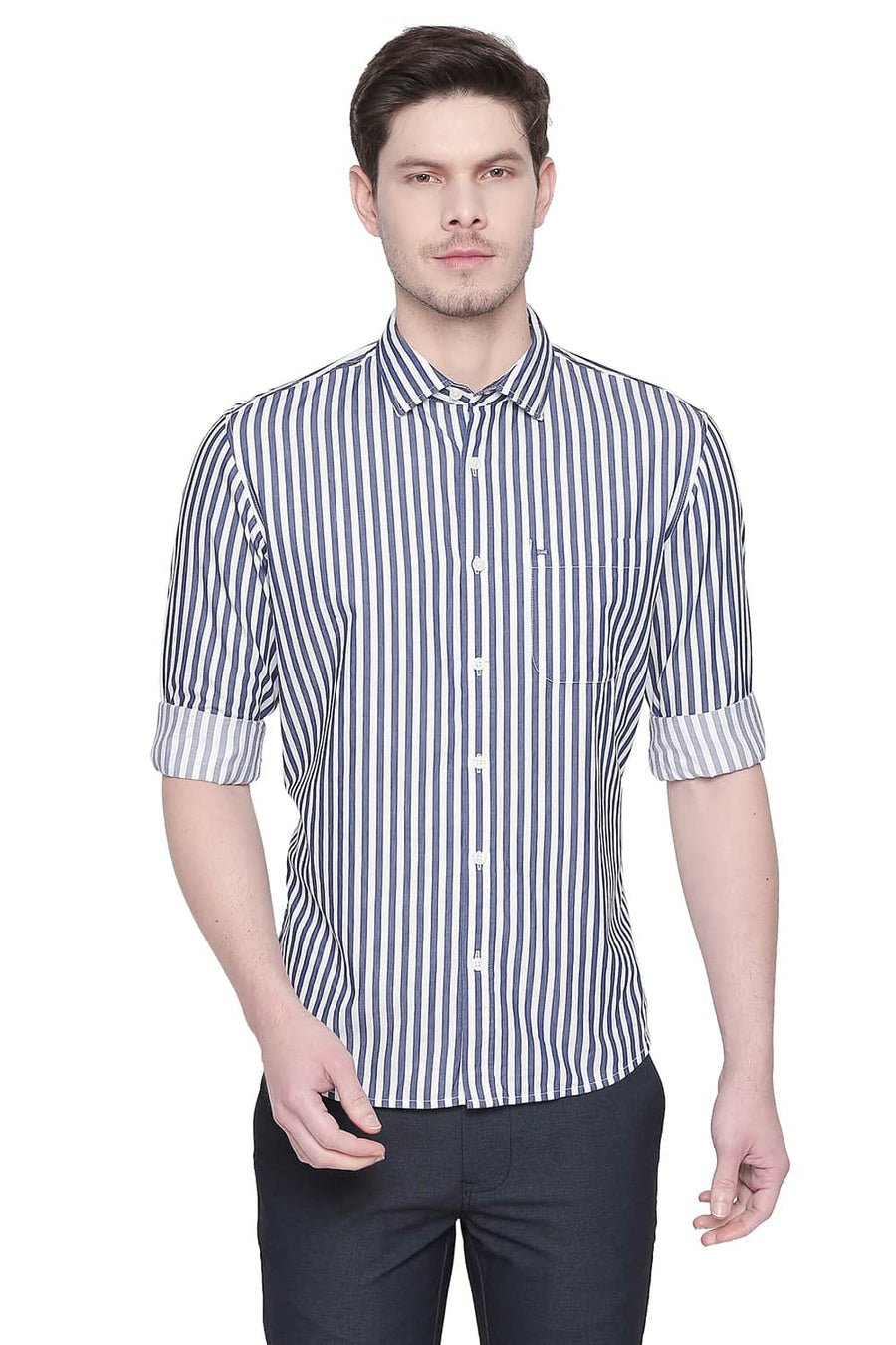 BASICS SLIM FIT MOOD BLUE STRIPE TWILL SHIRT