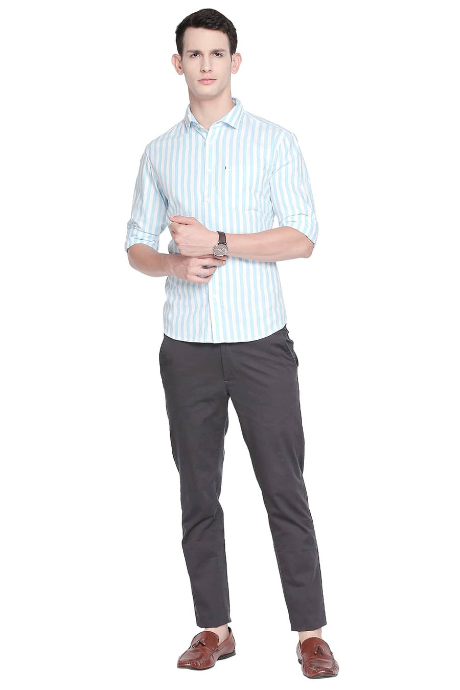 BASICS SLIM FIT CRYSTAL BLUE TWILL STRIPES SHIRT