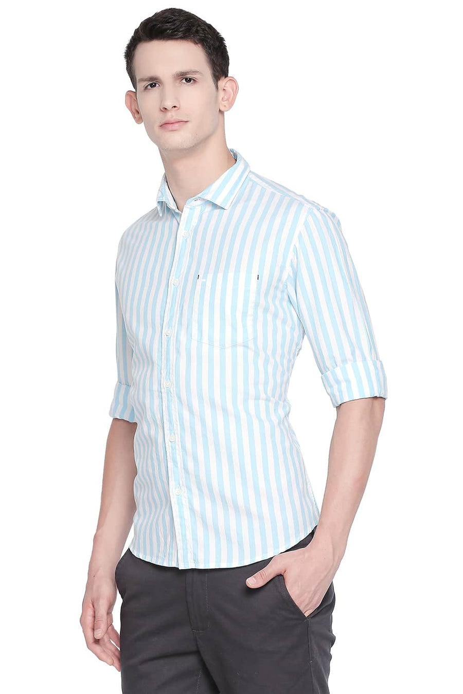 BASICS SLIM FIT CRYSTAL BLUE TWILL STRIPES SHIRT