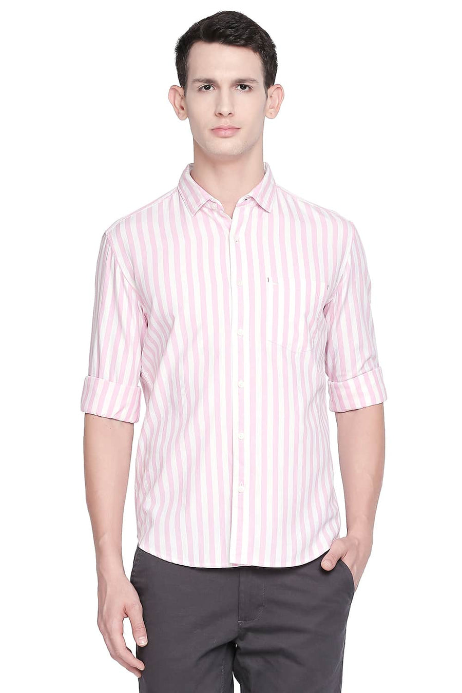 BASICS SLIM FIT PRISM PINK TWILL STRIPES SHIRT