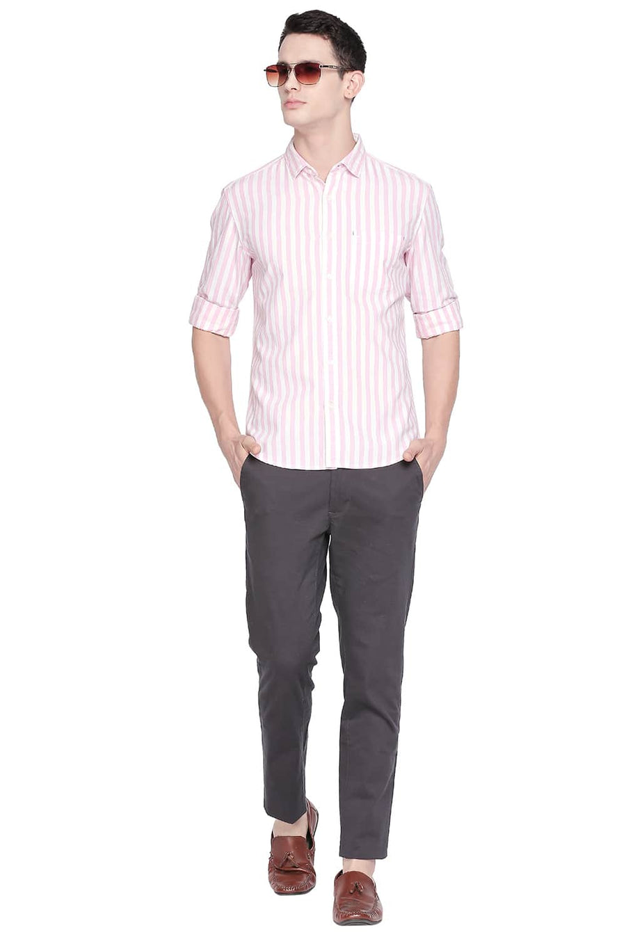 BASICS SLIM FIT PRISM PINK TWILL STRIPES SHIRT