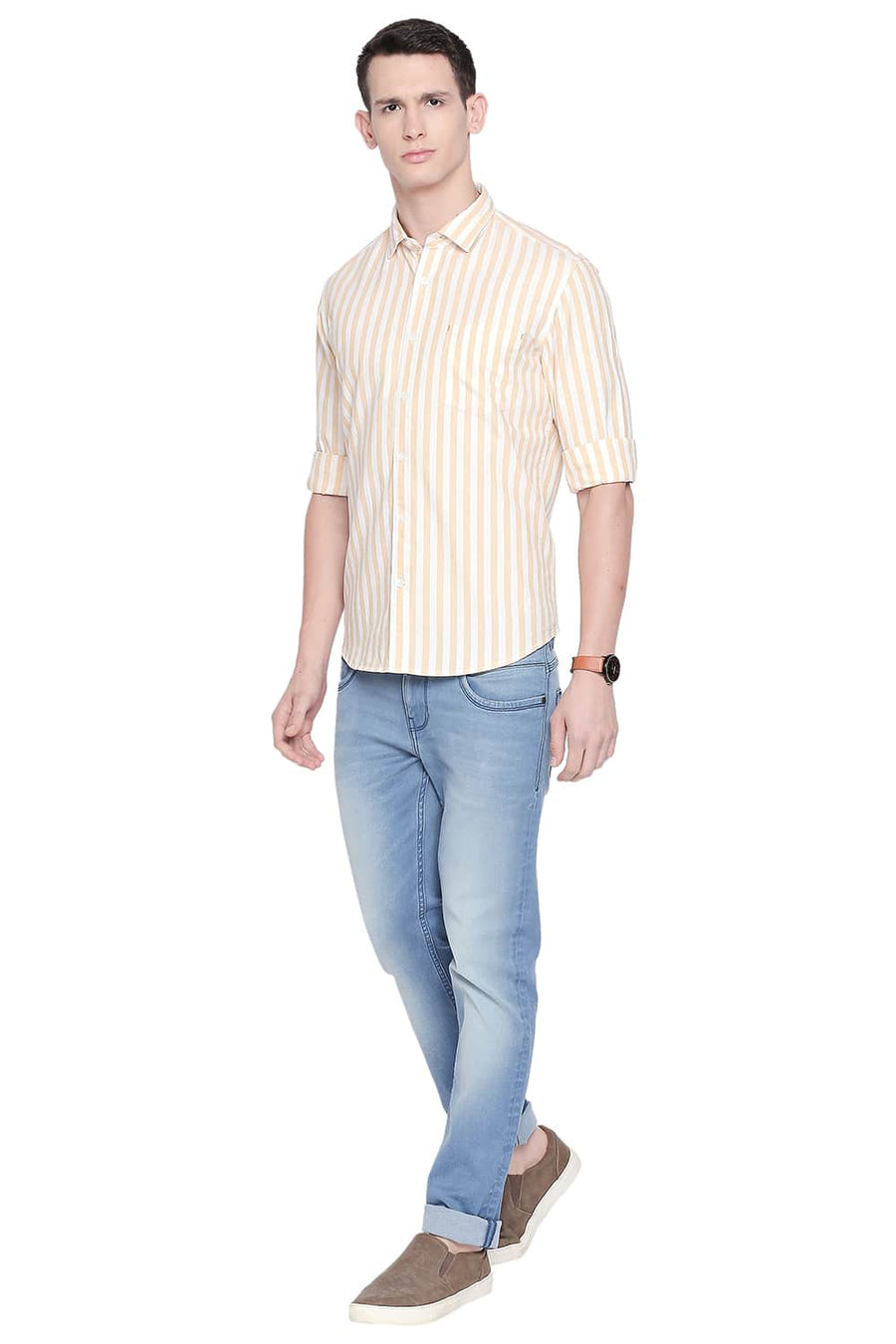 BASICS SLIM FIT IMPALA YELLOW TWILL STRIPES SHIRT
