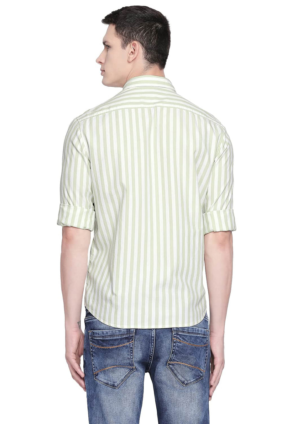 BASICS SLIM FIT ARCADIAN GREEN TWILL STRIPES SHIRT