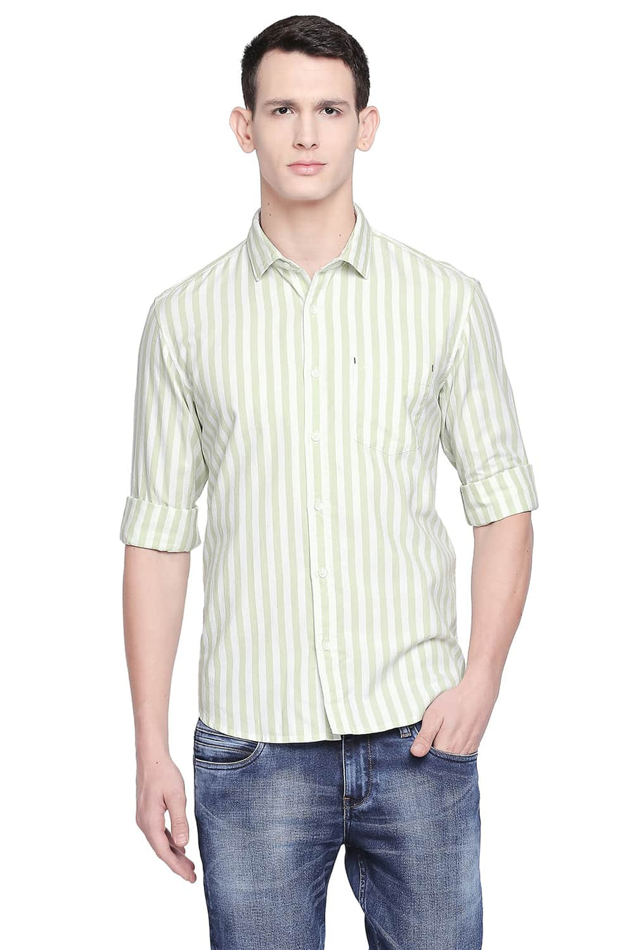 BASICS SLIM FIT ARCADIAN GREEN TWILL STRIPES SHIRT