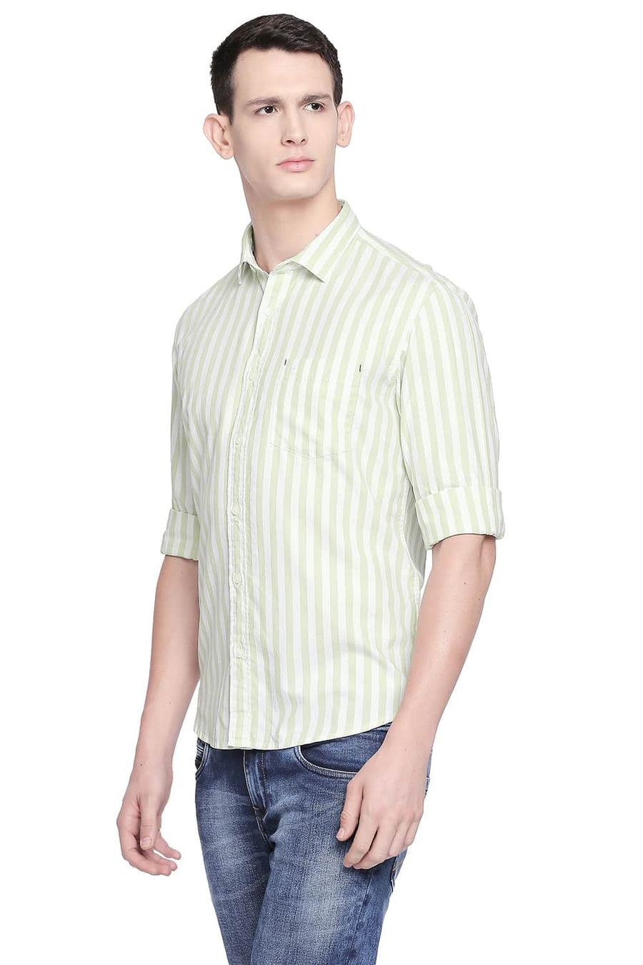BASICS SLIM FIT ARCADIAN GREEN TWILL STRIPES SHIRT