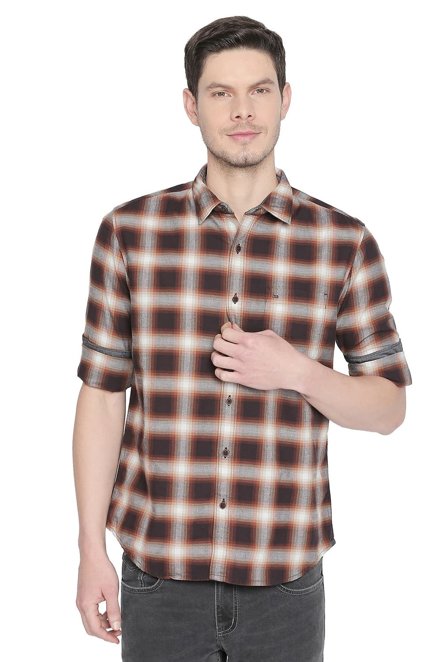 BASICS SLIM FIT ROAST BROWN CHECKS SHIRT