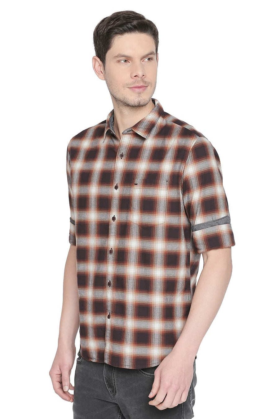 BASICS SLIM FIT ROAST BROWN CHECKS SHIRT