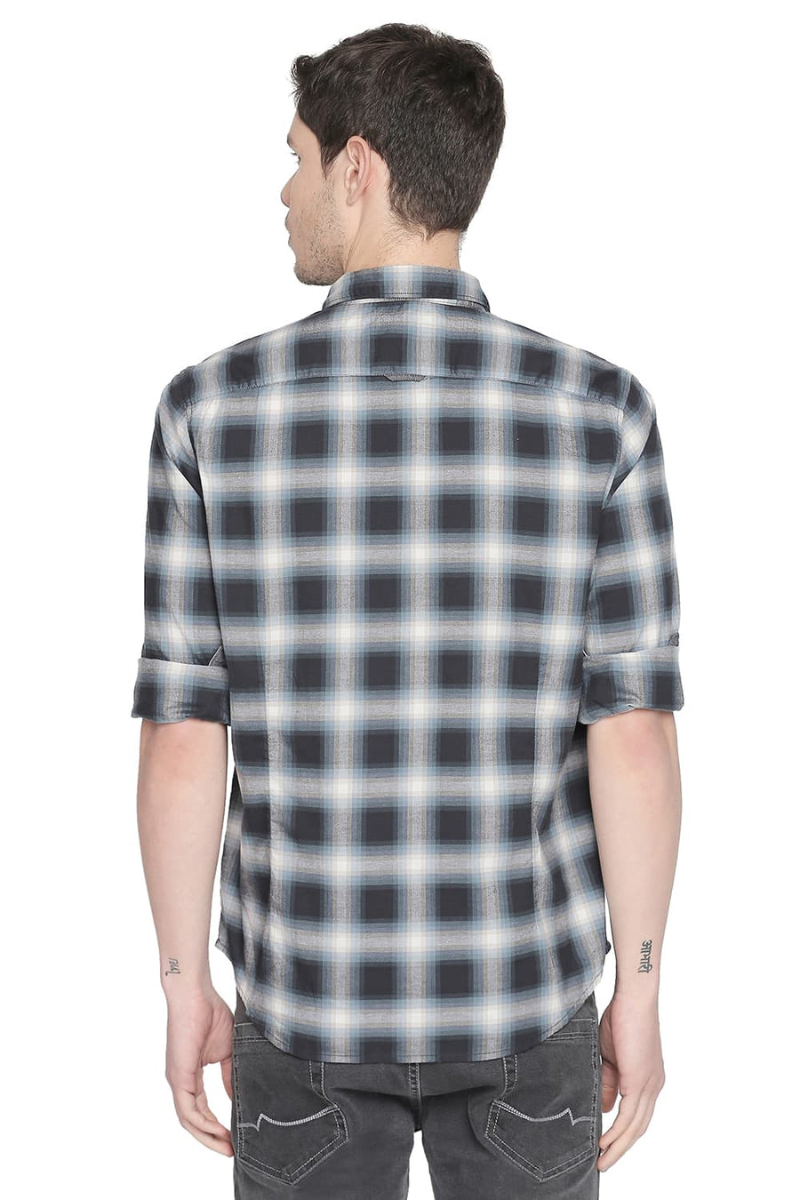 BASICS SLIM FIT OMBRE GREY CHECKS SHIRT