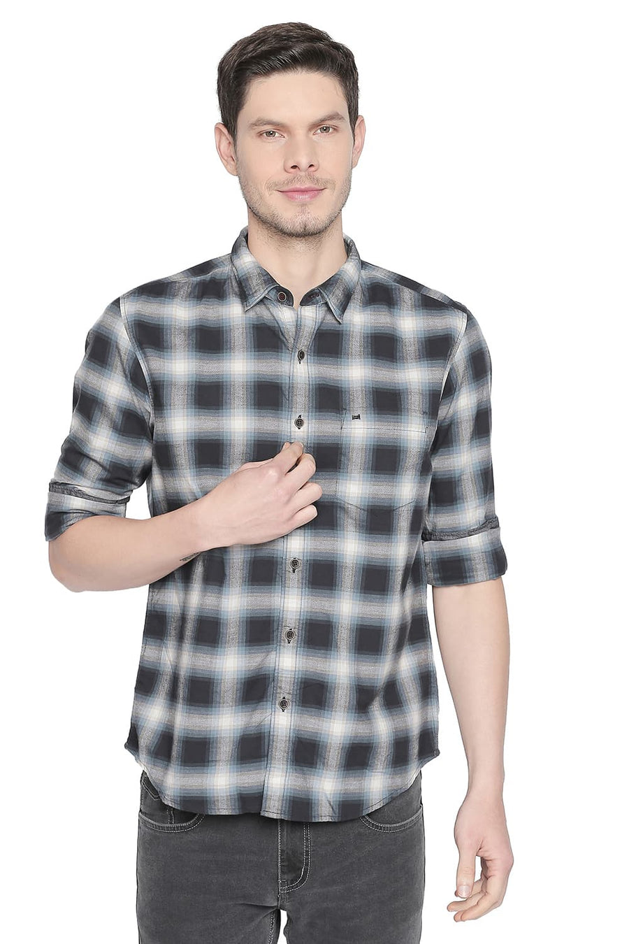 BASICS SLIM FIT OMBRE GREY CHECKS SHIRT
