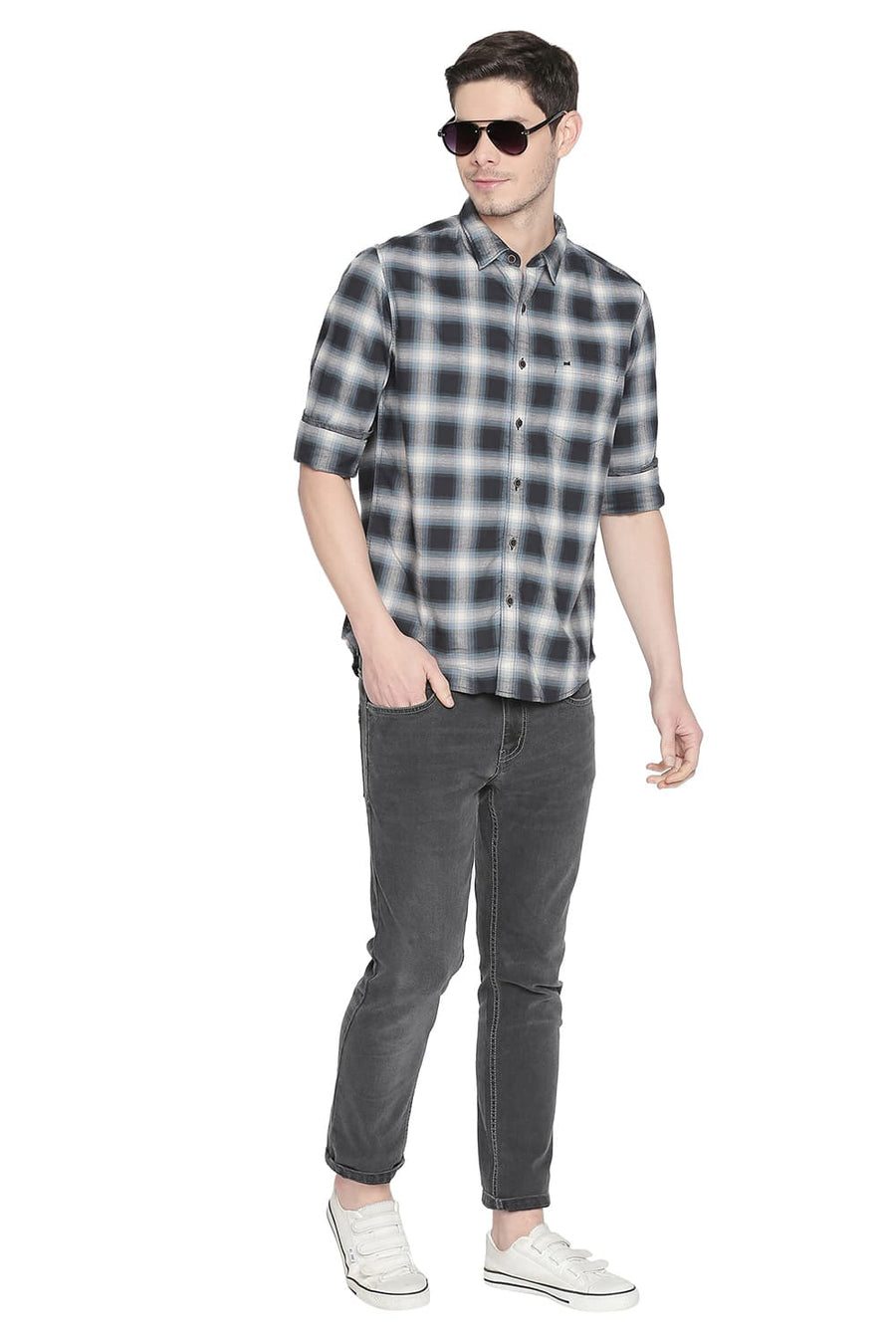 BASICS SLIM FIT OMBRE GREY CHECKS SHIRT