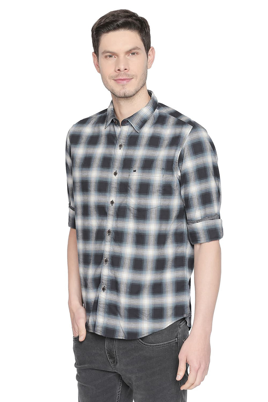 BASICS SLIM FIT OMBRE GREY CHECKS SHIRT