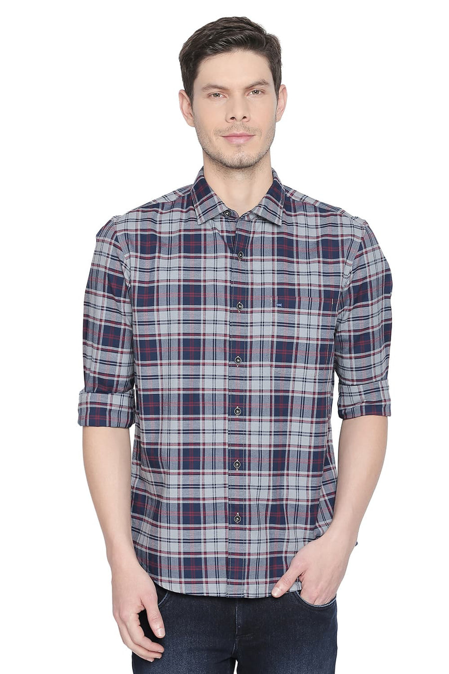 BASICS SLIM FIT QUARRY GREY CHECKS SHIRT