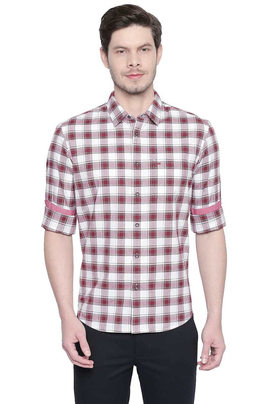BASICS SLIM FIT RUBY WINE OXFORD CHECKS SHIRT