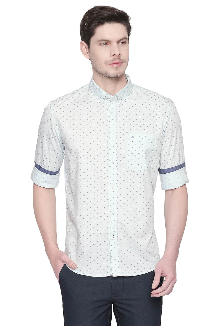 BASICS SLIM FIT CHALK BLUE TWILL PRINTED SHIRT