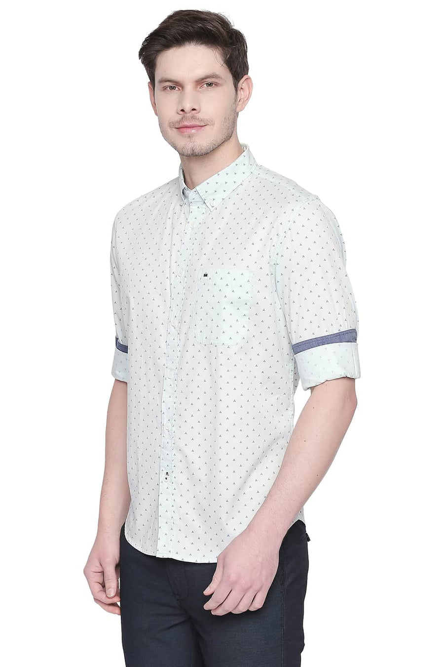 BASICS SLIM FIT CHALK BLUE TWILL PRINTED SHIRT