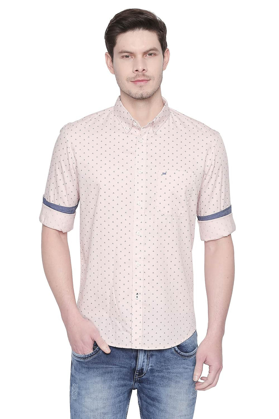 BASICS SLIM FIT PALE ORANGE TWILL PRINTED SHIRT