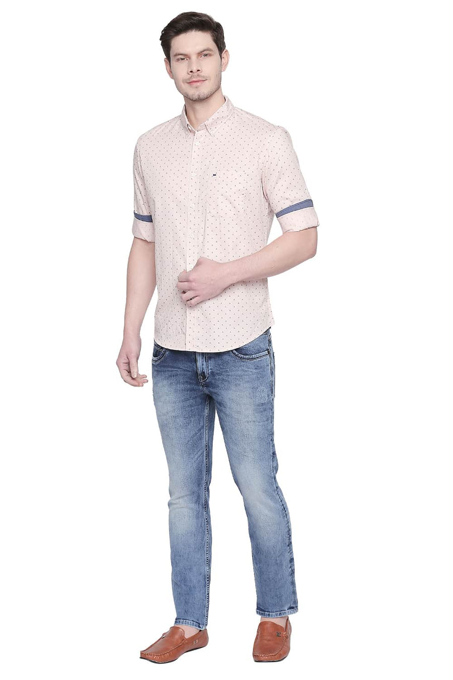 BASICS SLIM FIT PALE ORANGE TWILL PRINTED SHIRT