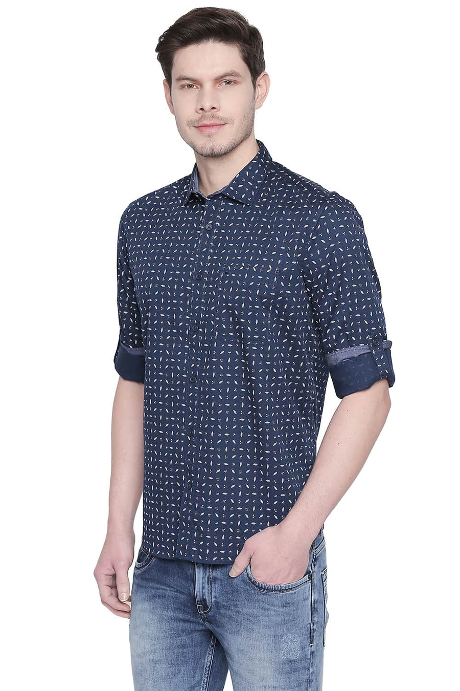 BASICS SLIM FIT MAJOLICA NAVY TWILL PRINTED SHIRT