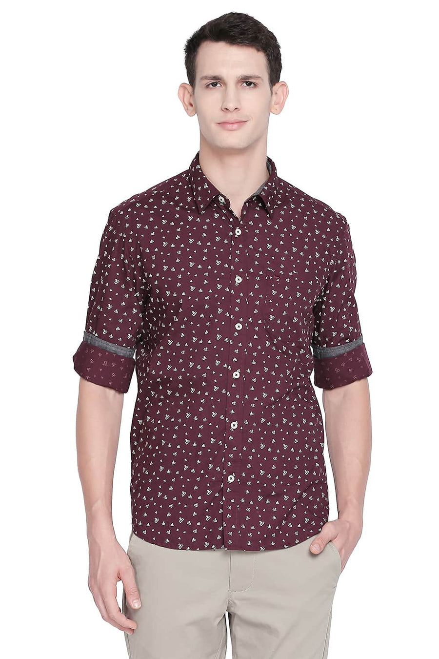 BASICS SLIM FIT WINDSOR MAROON PRINTED SHIRT