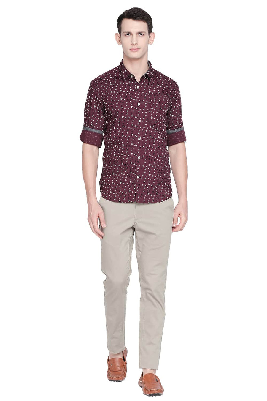 BASICS SLIM FIT WINDSOR MAROON PRINTED SHIRT